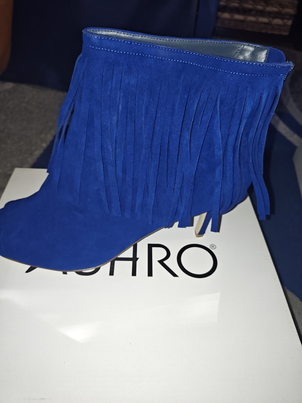 ASHRO Blue Fringe Suede Open Toe Ankle Boots - Women's
